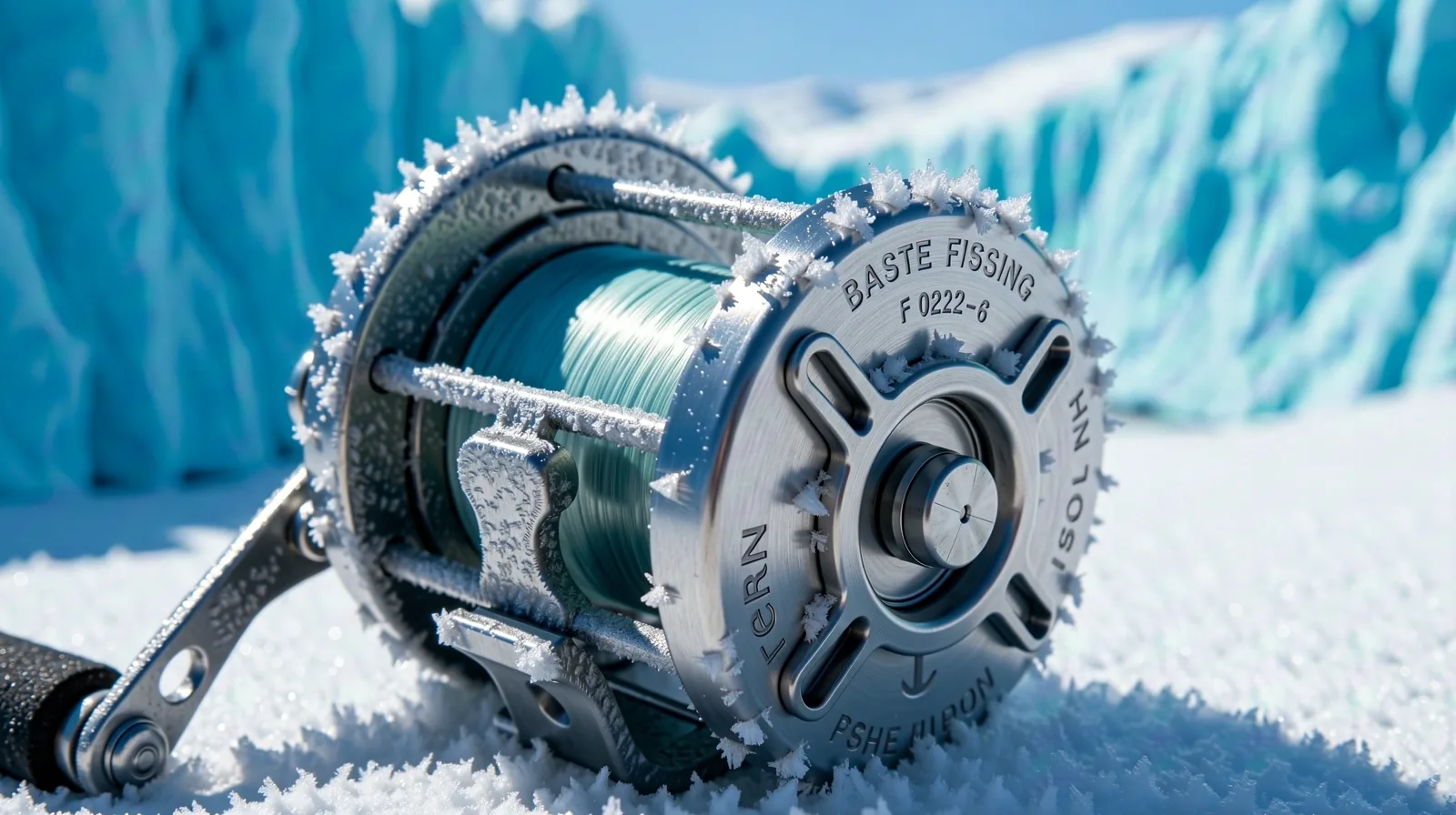 Brushed titanium fishing reel with ice crystals
