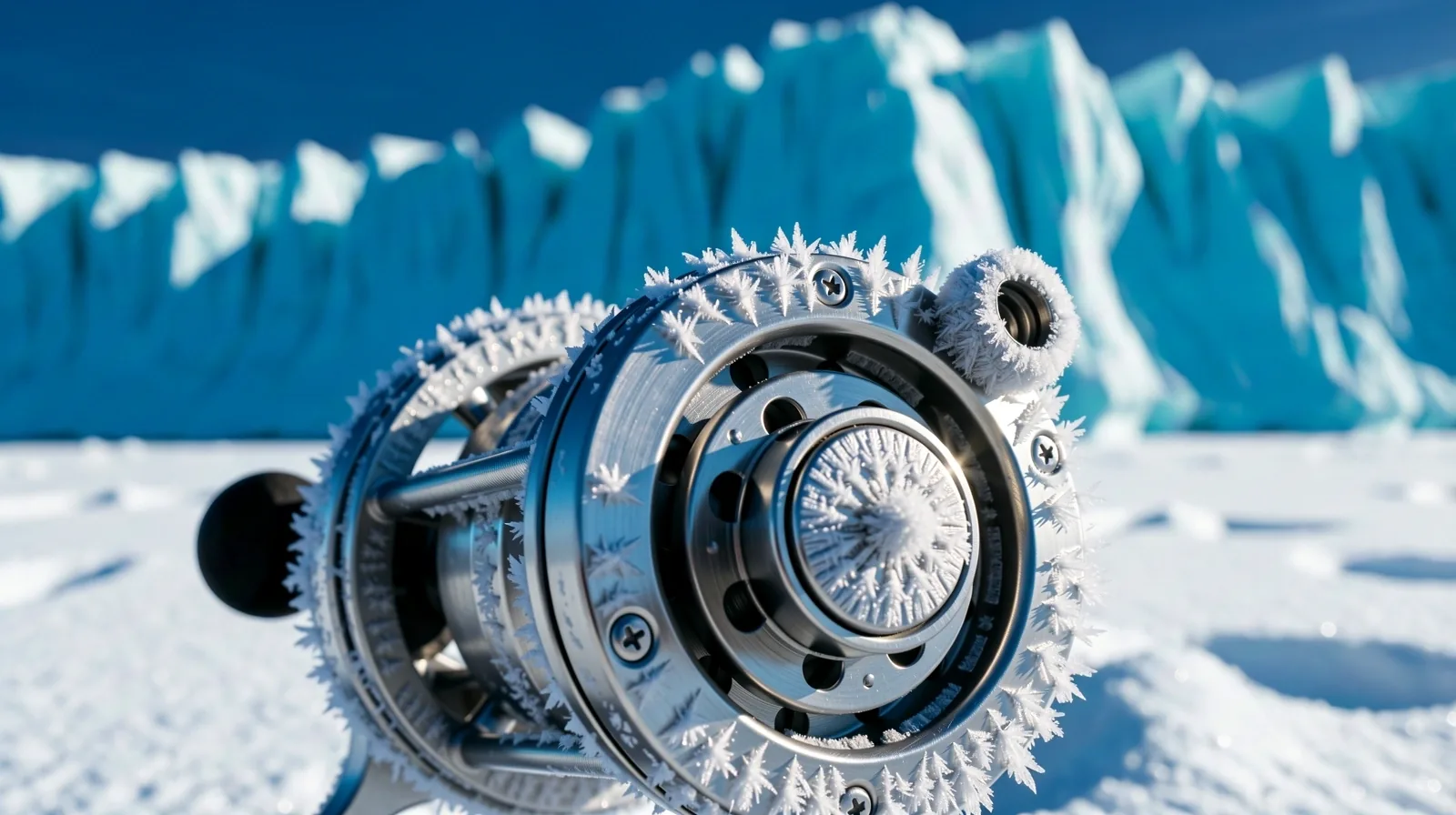 Titanium arctic reel with frost crystals